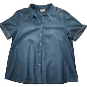 J. Jill Denim Chambray Cuffed Short Sleeve Button Down Top Blue Womens Medium